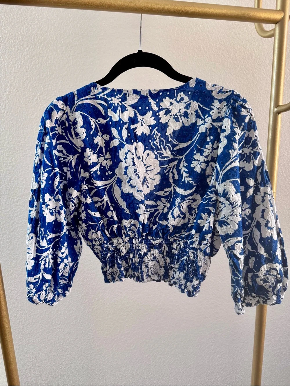 Zara Royal Blue & White Floral Smocked Crop Blouse